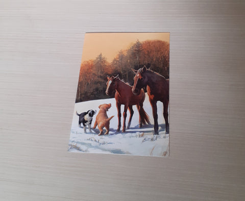 Biglietto di auguri natalizio con cavalli e cani