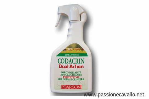Codacrin Dual Action Pearson per coda e criniera ml. 700. Sgrovigliante, auto lucidante, antipolvere, emoliente, scioglie i nodi, in piu' ha un effetto sgradito agli insetti.