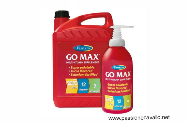 Go Max: mangime complementare indicato per cavalli sportivi. Ad alta concentrazione di ferro. Prodotto negli Stati Uniti ed importato e distribuito in Italia da Chifa.