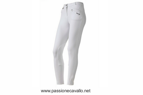 Pantaloni Daslö uomo aderente, in maglina di cotone elasticizzata (95% cotone e 5% spandex), linea aderente con tasche anteriori zippate e con toppe al ginocchio rinforzate in tessuto. Disponibile bianco, taglia 48, 50, 52.