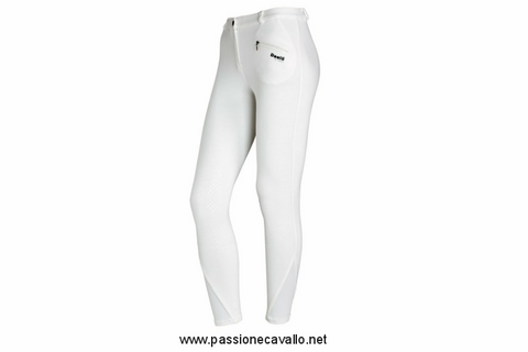Pantalone donna, penso standard, in maglina di cotone elasticizzata (95% cotone e 5% spandex), linea aderente con toppe al ginocchio in materiale scamosciato. Disponibile in bianco 40, 42.