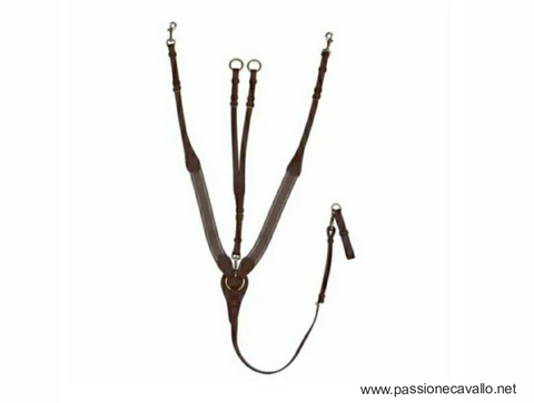 Pettorale a Y con cinturini elastici lunghi in cuoio di ottima qualità, con martingala regolabile e fibbieria in ottone dorato.  Colore: nero. Misura: pony. 1193799.